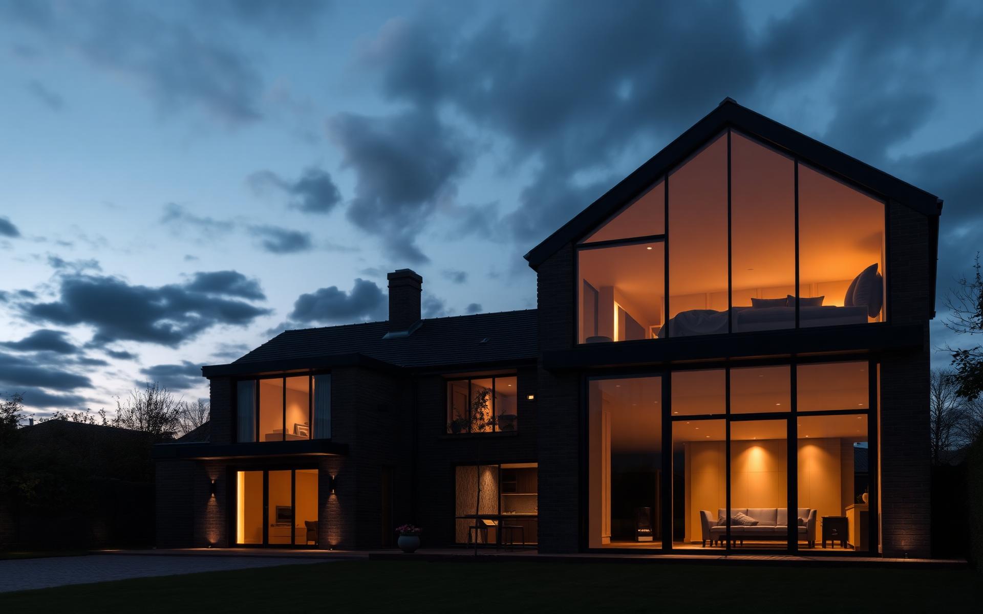 Luxury home extension at dusk